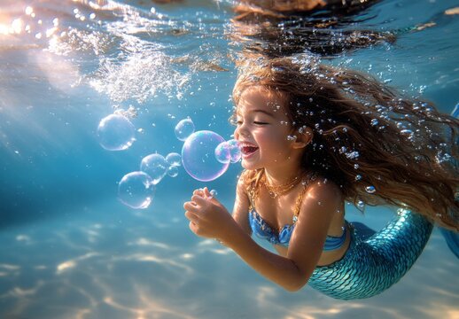 A playful mermaid child blowing bubbles underwater, her laughter creating ripples in the ocean