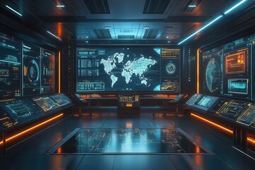 Obraz premium A futuristic control room with holographic displays showing realtime global shipping routes, supply chain metrics, and cargo tracking