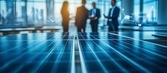 A low angle view of solar panels with blurry silhouettes of business people in the background.