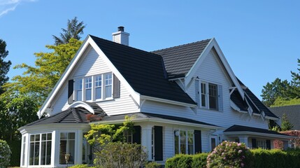 A classic white house with black shutters and a black roof.