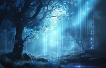 Fototapeta premium A blue forest featuring a stream and trees.