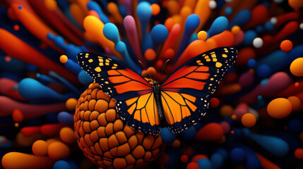 Vibrant monarch butterfly perched on an abstract orange sphere against a colorful, fluid background of blue and red shapes