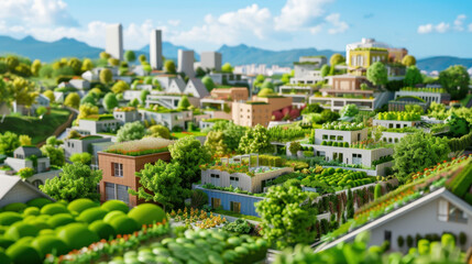 Fototapeta premium Futuristic urban landscape showcasing green architecture, terraced gardens, and eco-friendly buildings in a vibrant environment