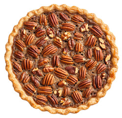 Pecan pie freshly baked on a wooden table, cut out - stock png.