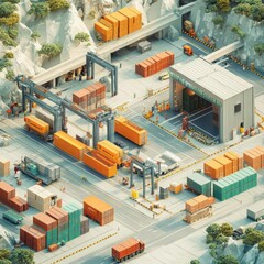 A visualization of the process of goods crossing international borders, with customs checkpoints, transport vehicles, and documentation