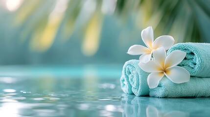 Wellness banner with frangipani flowers, spa towels, and a blue-green tabletop (focus on, calm theme, ethereal, Blend mode, luxury spa table).