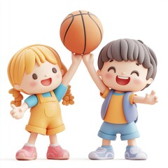 Children playing basketball in gym class, Cartoon Clay Illustration, School 3D Icon, Isolated on white background