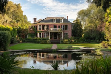 Obraz premium Elegant Mansion with Lush Gardens and Serene Pond