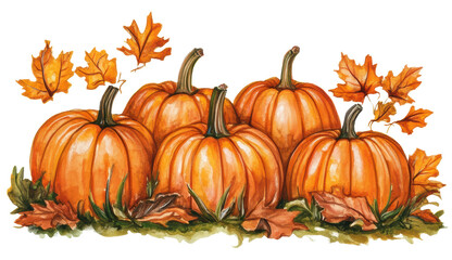Colorful pumpkins and autumn leaves in nature, cut out - stock png.