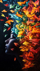 Abstract profile of a woman with vibrant colored leaves flowing from her head, symbolizing creativity and imagination.
