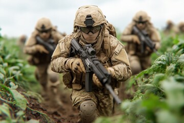Fototapeta premium Military Strategy and Tactics Soldiers Prepare for Combat in the Field, Team Planning and Coordination, Outdoor Battlefield Training