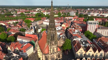 City of Muenster, Germany, Aerial Drone Shot of st. Lamberti Church. Munster in North Rhine Westphalia, NRW, Germany.