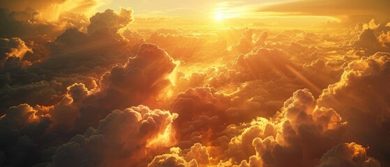 Majestic Cumulus Cloud Formations with Golden Sunlight Breaking Through in High- Image