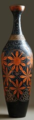 A beautifully crafted ceramic vase with intricate floral patterns in orange and black. The vase exemplifies traditional elegance and artistic craftsmanship.