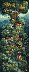 Fototapeta premium A beautifully detailed depiction of a whimsical village built amidst a colossal tree, complete with charming houses, winding staircases, lush greenery, and fantastical elements. The scene 