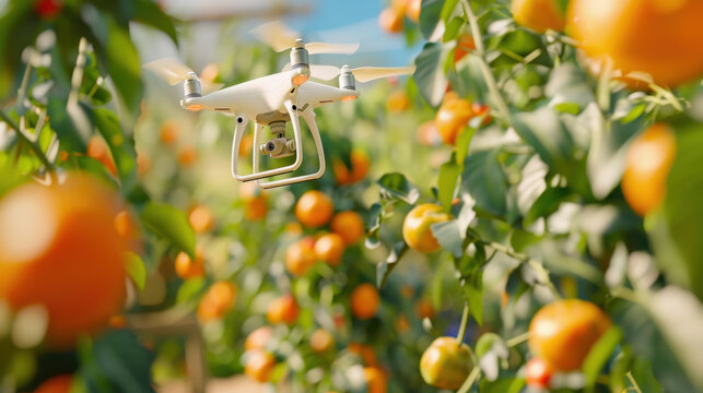 Drone flying over an orange orchard, capturing aerial images of ripe fruit among lush green foliage on a sunny day - Powered by Adobe