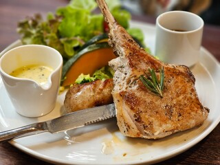 The steak comes with a salad.