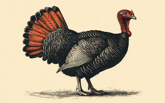 Turkey, sketch. Vintage retro print, turkey sketch ink pencil style drawing, linear drawing for Thanksgiving Day, engrave old school. Sketch artwork silhouette turkey. Side view profile. Illustration