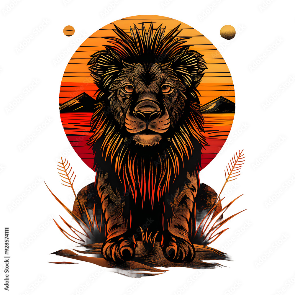 Poster Gorgeous vector drawing of a powerful lion against a colorful sunset backdrop, including mountains and unique shapes for an eye-catching look