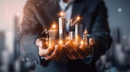 Businessman holding a miniature cityscape with an upward arrow in his hands, representing growth and success.
