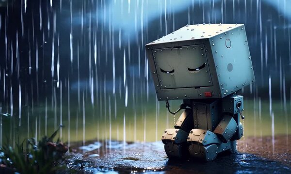 cute little sad robot sits in rain animation