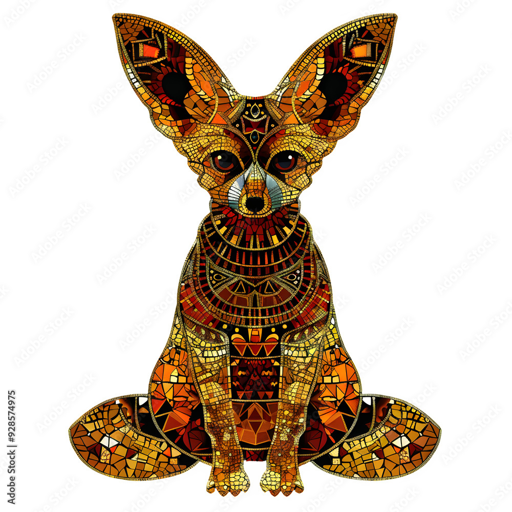 Poster Intricate mosaic artwork of a fennec fox with bright colors and detailed designs, placed on a clear background for easy use in various projects