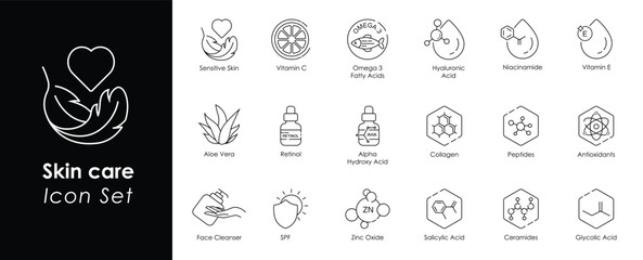 Sensitive Skin, Vitamin C, Omega-3 Fatty Acids, Hyaluronic Acid, Niacinamide, Vitamin E, Aloe Vera, Retinol, Alpha Hydroxy Acid, Collagen, Peptides, Face Cleanser, SPF, Zinc Oxide vector icons