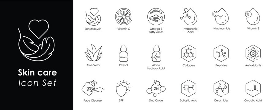 Sensitive Skin, Vitamin C, Omega-3 Fatty Acids, Hyaluronic Acid, Niacinamide, Vitamin E, Aloe Vera, Retinol, Alpha Hydroxy Acid, Collagen, Peptides, Face Cleanser, SPF, Zinc Oxide vector icons