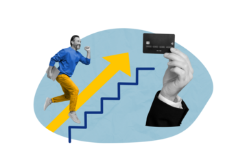 Collage illustration of senior businessman running climb upstairs graphic arrow rise salary income debit card isolated on blue background