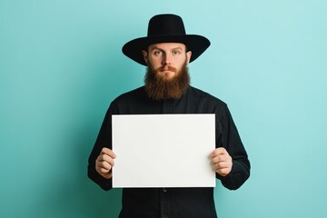 Amish Man Holding Blank White Sign Mockup Against Solid Cyan Background for Design or Message Display.