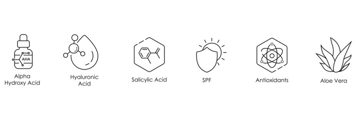 Alpha Hydroxy Acid, Hyaluronic Acid, Salicylic Acid, SPF, Antioxidants, and Aloe Vera Vector Illustration Icon Set