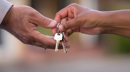 Close-up of a person handing over keys, symbolizing a new beginning or moving out