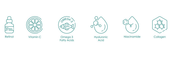 Retinol, Vitamin C, Omega-3 Fatty Acids, Hyaluronic Acid, Niacinamide, and Collagen Vector Illustration Icon Set