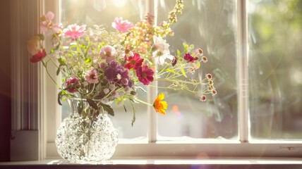 A close-up of a crystal vase filled with fresh flowers, placed on a windowsill with light streaming through