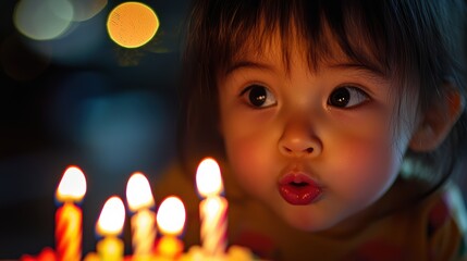 A young child blowing out birthday candles with joyful expression. warm glow of candles illuminates their face, creating magical atmosphere. 