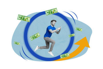 Creative collage picture of excited black white colors guy run use smart phone flying dollar bills growing arrow upwards