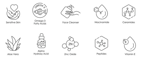 Sensitive Skin, Omega-3 Fatty Acid, Face Cleanser, Niacinamide, Ceramides, Aloe Vera, Alpha Hydroxy Acids, Zinc Oxide, Peptides, and Vitamin E Vector Illustration Icon Set