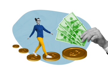 Artwork collage image of positive mini black white effect girl walk climb money coin stairs huge arm hold dollar bills banknotes