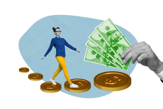 Artwork collage image of positive mini black white effect girl walk climb money coin stairs huge arm hold dollar bills banknotes