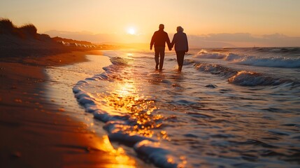 Elderly Couple Enjoying a Serene Sunset Beach Walk Holding Hands in Retirement Lifestyle