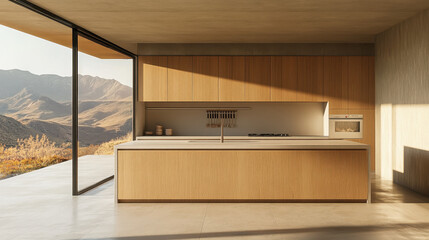 Modern kitchen interior with wooden cabinetry and stunning mountain views from large glass windows, bathed in natural light