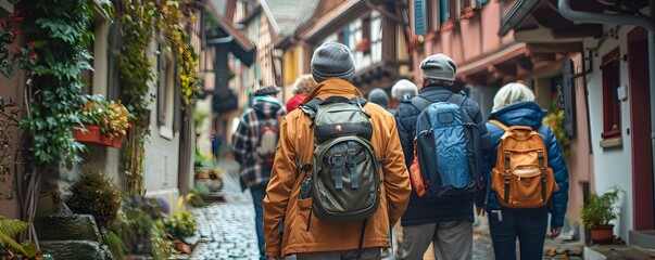 Retired Explorers Discovering Charming European Village on Group Travel Adventure