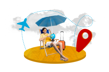 Bright creative picture 3d collage poster image artwork of happy smiling man lying chair choose continent  trip around world