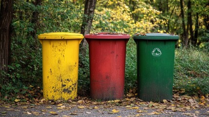 Three Recycling Bins in a Forest Setting