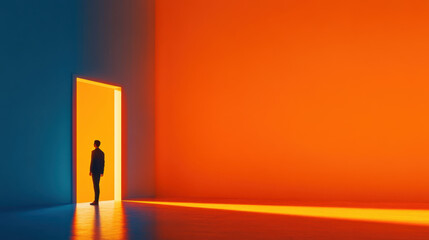 Individual standing at the threshold of a brightly lit doorway in a contrastingly colored room, evoking a sense of possibilities and contemplation