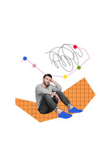 Vertical collage image of minded sad guy sitting unsatisfied negative earnings statistics isolated...