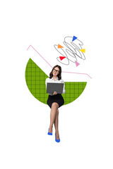 Image 3d collage of professional worker smiling lady sitting analyzing statistics isolated on drawing background