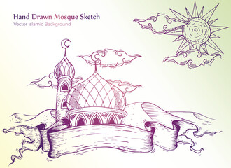 Beautiful hand draw sketch mosque card Free Vector