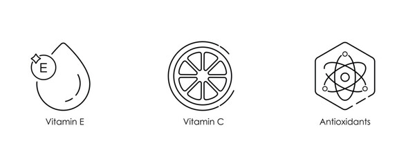 Vitamin E, Vitamin C, and Antioxidants Vector Illustration Icon Set