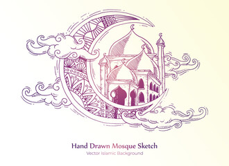 Beautiful hand draw sketch mosque card Free Vector